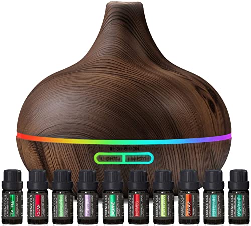 Ultimate Aromatherapy Diffuser & Essential Oil Set – Ultrasonic Diffuser & Top 10 Essential Oils – 300ml Diffuser with 4 Timer & 7 Ambient Light Settings – Therapeutic Grade Essential Oils Dark Oak