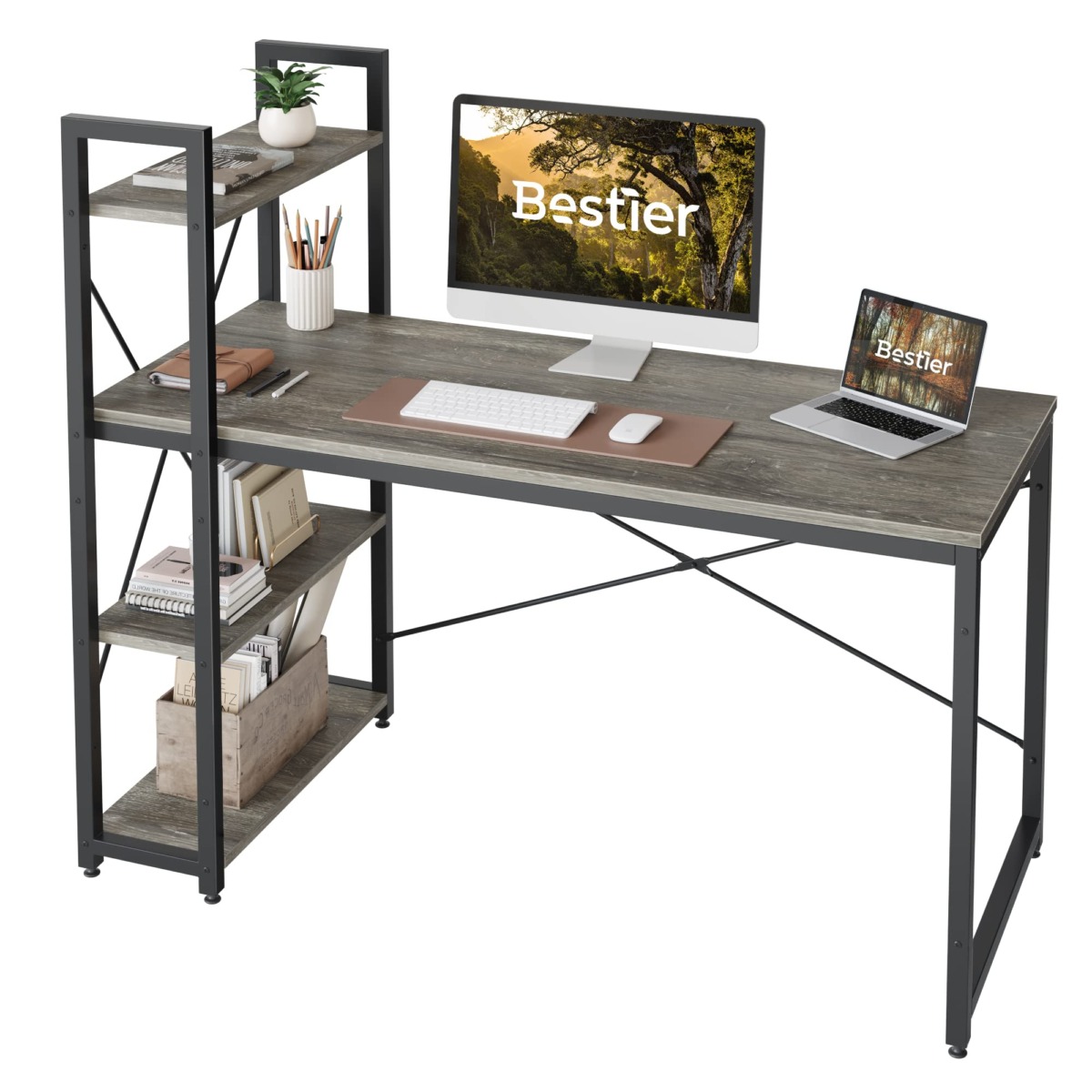 Bestier Computer Desk with Storage Shelves – 55 Inch Home Office Desks with Reversible Bookshelf – Plenty Leg Room and Easy Assemble, Grey | The Storepaperoomates Retail Market - Fast Affordable Shopping