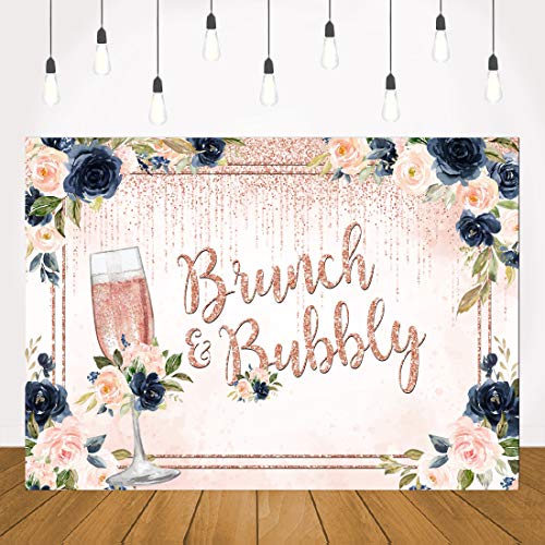 Lofaris Brunch and Bubbly Bridal Shower Backdrop Navy Blue and Blush Pink Floral Glitter Champagne Background Wedding Bachelorette Flower Party Decor Banner Supplies Photo Booth Prop Pictures 7x5ft