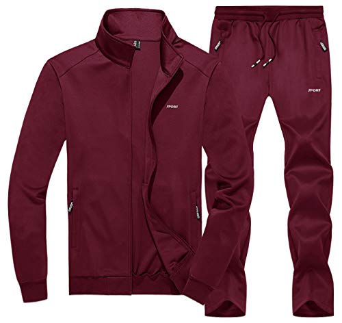 CRYSULLY Sweatsuits for Men Athletic Full Zip Coat Track Workout Sweatpants Wine Red