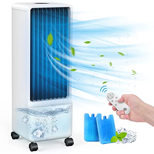 Evaporative Air Cooler – AGILLY 2-In-1 32-Inch Portable Air Conditioner & Cooling Fan with 80°Wide Oscillation, 4 Modes, 2 Ice Packs, Remote Control, 12H Timer Swamp Cooler for Room Home Office