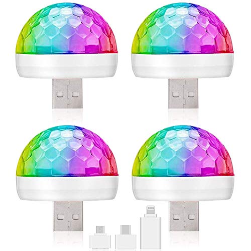 Pack of 4 Mini USB Disco Light Led Magic Disco Ball Lamps Sound Activated Multi-Color Car Atmosphere Lights Strobe Light for Home Room Party Birthday DJ Bar Karaoke Xmas Wedding Show