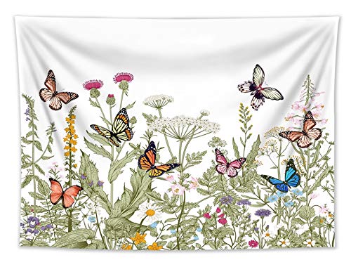 HVEST Leaf Butterfly Tapestry Wall Hanging, Sage Green Leaves and Flowers with Butterflies Wall Hanging Tapestry Spring Plant Tapestry for Bedroom Living Room Wall Decor, 80×60 Inches
