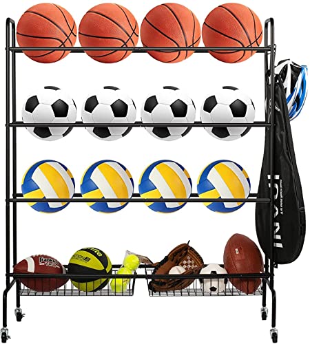 Oududianzi Basketball Rack, Balls Rack with Wheels, Sport Ball Storage Garage, Sports Ball Rack for Garage, 3 Layers Balls Organizer with 2 Baskets, Ball Holder for Basketballs Footballs Volleyball