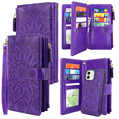 Harryshell Compatible with iPhone 12 / iPhone 12 Pro Case Wallet Detachable Magnetic Zipper Leather Cash Pocket with 12 Card Slots Holder Wrist Strap for iPhone 12 / Pro 6.1 inch (Floral Purple)