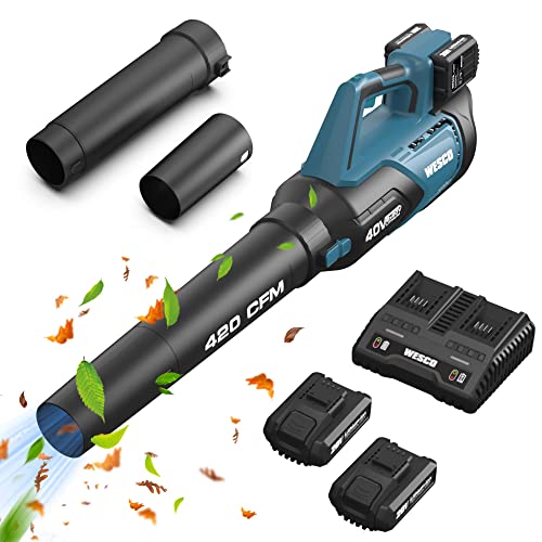 Leaf Blower，WESCO 40V Max Cordless Leaf Blower with Battery and Charger, 420 CFM, 2Pcs 2.0Ah Li-ion Battery Electric Leaf Air Blower,Charger,Handheld Sweeper for Blowing Leaves,Dust,Debris,Snow Blower