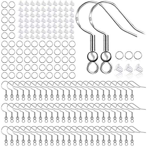 925 Sterling Silver Earring Hooks 150 PCS/75 Pairs,Ear Wires Fish Hooks,500pcs Hypoallergenic Earring Making kit with Jump Rings and Clear Silicone Earring Backs Stoppers (Silver)
