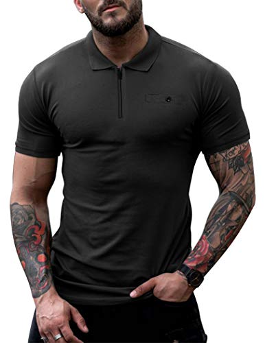 COOFANDY Men’s Pique Knit Polo Shirts Short Sleeve with Pocket Black