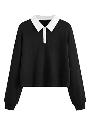 Verdusa Women’s Button Front Polo Collar Drop Shoulder Pullover Top Sweatshirt Black XS