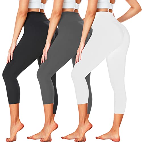 FULLSOFT 3 Pack Capri Leggings for Women – High Waisted Tummy Control Black Workout Yoga Pants for Summer,Sports (3 Pack Capri Black, Dark Grey,White,Large-X-Large)