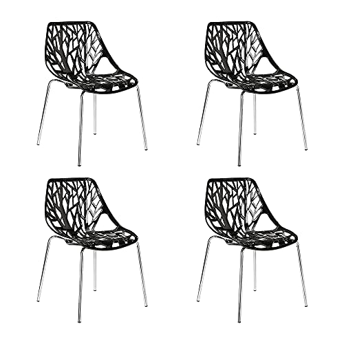 CangLong Modern Mid Century Plastic Shell Hollow Matal Legs Dining Chairs, set of 4, Black