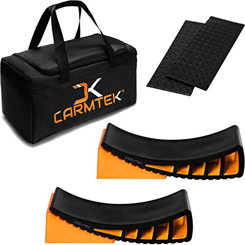 CARMTEK Camper Leveler Premium Kit – Curved RV Levelers with Camper Wheel Chocks, Rubber Mats and Carry Bag | Faster Camper Leveling Than RV Leveling Blocks