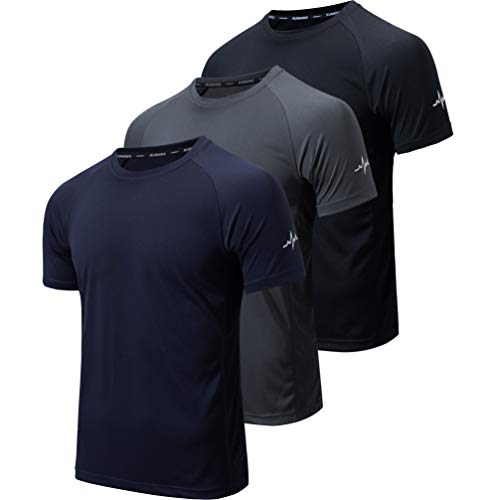 WanNiu Men’s 3 Pack Workout Shirt Dry Fit Athletic Gym Short Sleeve Mesh Moisture Wicking, Black Grey Navy, X-Large