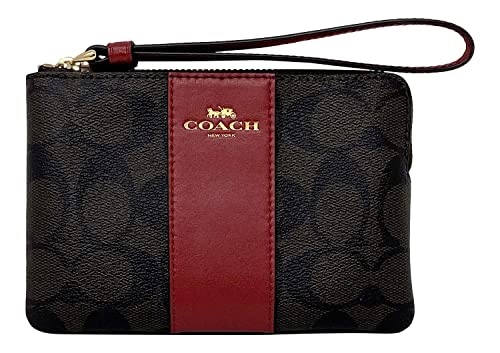 Coach Corner Zip Wristlet In Signature Coated Canvas With Red Colored Leather Stripe