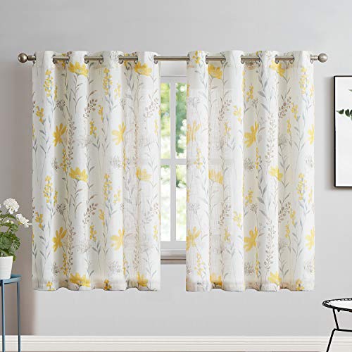 July Joy Printed Sheer Curtains Linen Textured for Living Room Floral Leaf Design Farmhouse Style Window Panel Drapes Set Grommet Treatment for Bedroom, Dining, 52 x 63 inch, Yellow