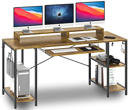 Computer Desk with Keyboard Tray, 55-inch Study Writing Desk Gaming Desk with Storage Shelves for Home Office Bedrooms Modern Pull Out Keyboard Tray Desk for Student Teen Easy Assemble, Rustic Brown
