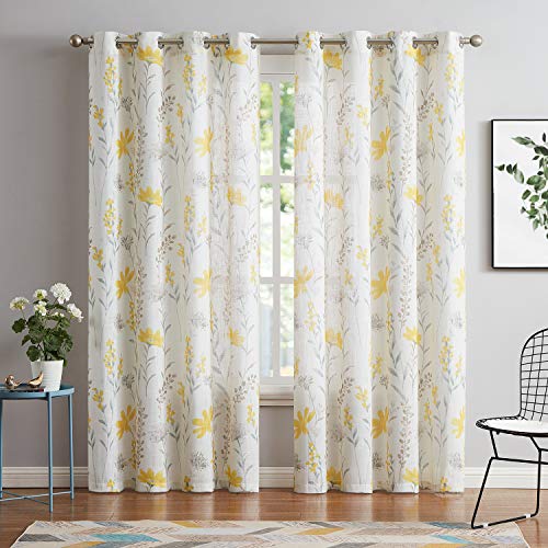 July Joy Printed Sheer Curtains Linen Textured for Living Room Floral Leaf Design Farmhouse Style Window Panel Drapes Set Grommet Treatment for Bedroom, Dining, 52 x 96 inch, Yellow