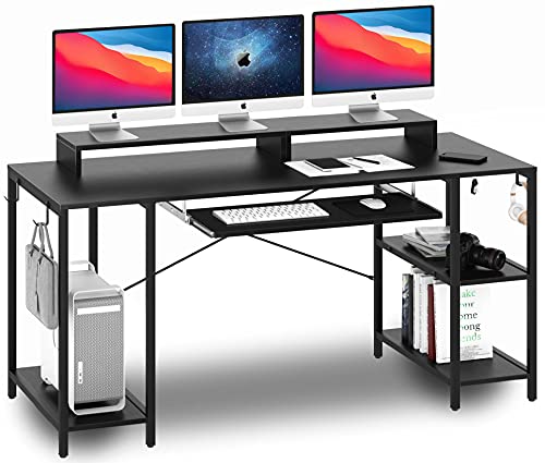 HYPIGO Computer Desk with Keyboard Tray, 55 inch Industrial Home Office Desk W/ Storage Shelves Monitor Stand Headset Hooks Study Writing Desk Workstation for Small Space Bedroom Easy Assembly,Black
