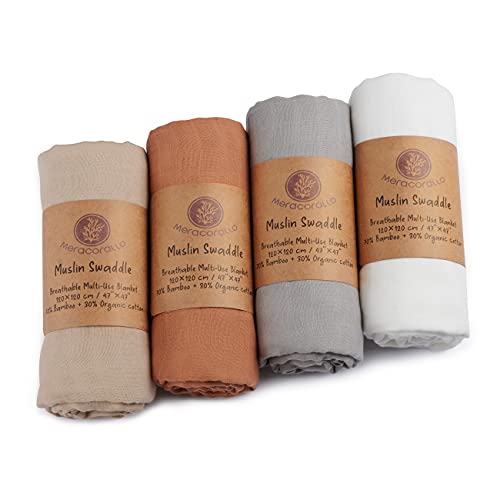 Meracorallo Muslin Swaddle Blanket Silky Soft Receiving Blanket Neutral Swaddle Wrap for Baby Boys and Girls, 47 x 47 inches, Set of 4 Solid Color