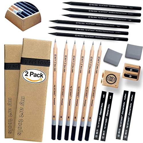 my art tools Sketch pencils for drawing and shading – 10pcs art sets each with sketching pencils for all professional artists – dual pack charcoal and graphite pencils