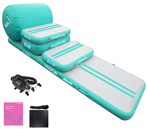 HIJOFUN Premium 5pcs Set of Inflatable Gymnastics Air Mat Tumble Track Tumbling Mat Floor Mats with Electric Air Pump for Home Use/Training/Cheerleading/Beach/Park and Water (Mint Green)