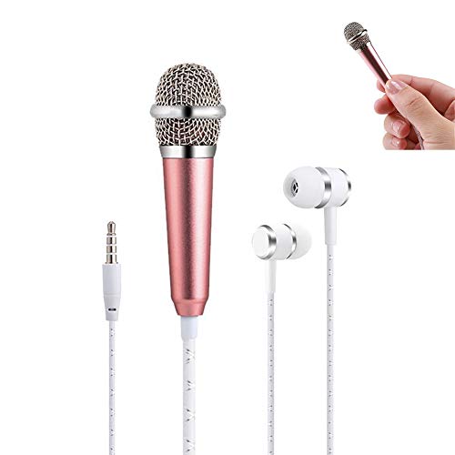 Mini Microphone for iPhone iPad Android Mobile Phone with Earphone, Convenient for Recording Chatting and Singing – Rose Gold