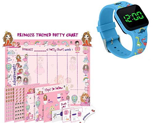Potty Training Timer Watch With Flashing Lights And Music Tones – Dinosaur Pattern and Potty Training Chart for Toddlers – Princess Design
