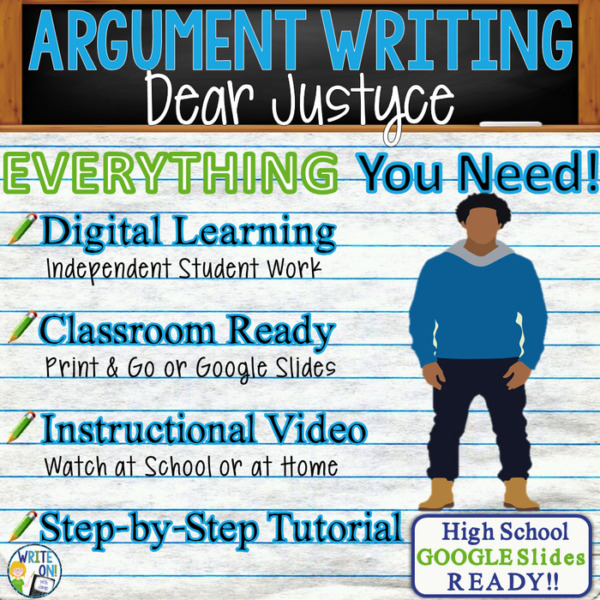 Text Dependent Analysis Argument Writing for Dear Justyce by Nic Stone – Distance Learning, In Class, Independent Instruction, Video, PPT, Worksheets, Rubric, Graphic Organizer, Google Slides
