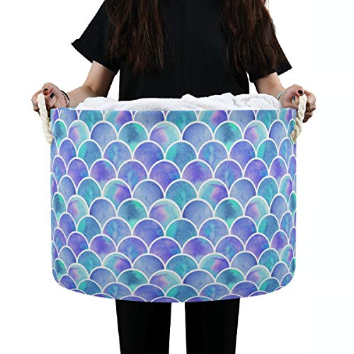 Large Round Storage Basket – Colorful Mermaid Canvas Coating Organizer Bin Toy Storage Bin for Laundry Hamper,Toy Bins,Gift Baskets, Bedroom
