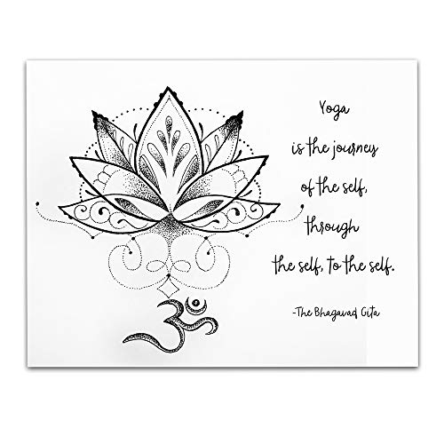 Yoga is the journey of the self. Bhagavad Gita, Mandala Lotus Flower Inspirational Spiritual Quotes Wall Art Decor- Unframed 11 x 14 Black & White Print – Inspiring Yoga Studio Decorations