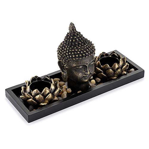 OwnMy Buddha Head Sculpture Statue with 2 Lotus Tealight Candle Holders 1 Wooden Display Tray Decor Stones, Buddha Meditation Votive Candle Holder Candle Stands for Home Decor Table Zen Garden Decor