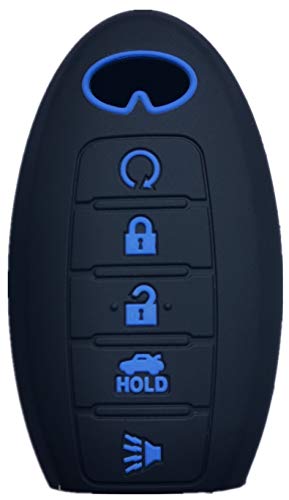 RUNZUIE Silicone Keyless Entry Remote Key Fob Cover Compatible with Infiniti JX35 QX60 QX80 Q50 Black with Blue 5 Buttons