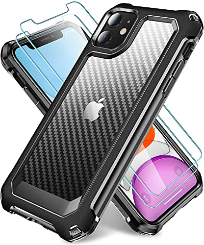 SUPBEC iPhone 11 Case, Slim Carbon Fiber Shockproof Protective Cover with Screen Protector [x2] [Military Grade Drop Protection] [Anti Scratch & Fingerprint], Phone Cases for iPhone 11, 6.1″, Black