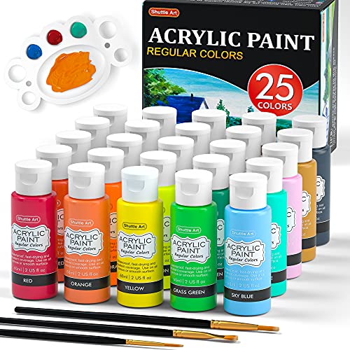 Acrylic Paint, Shuttle Art 25 Colors Acrylic Paint Set, 2oz/60ml Bottles, Rich Pigmented, Waterproof, Premium Acrylic Paints for Artists, Beginners and Kids on Canvas Rocks Wood Ceramic Fabric