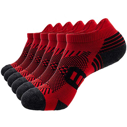 PEARL CARE Mens Red Athletic Running Ankle Socks Light Cushioned Tab Sports Low Cut Socks (6 Pack) /w Arch Compression Moisture-Wicking Breathable Soft Padded