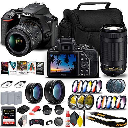Nikon D3500 DSLR Camera with 18-55mm and 70-300mm Lenses (1588) + 64GB ExtremePro Card + 2 x EN-EL14a Battery + Corel Photo Software + Case + Telephoto Lens + More – International Model (Renewed)