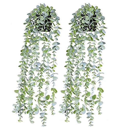BACAMA Fake Hanging Plants in Pots Artificial Ivy Vine Leaves for Home Kitchen Garden Office Wall Mounted Shelf Decor 2 Pack Looks Full 2Feet Long Green