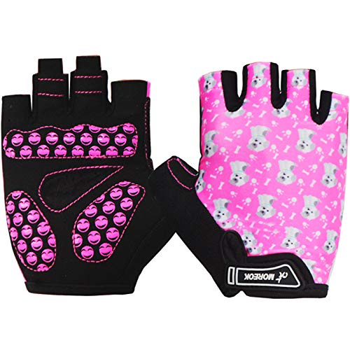 MOREOK Kids Cycling Gloves,Gel Padding Bicycle Half Finger Pair Dog Bars, Fit Boy Girl Youth Age 2-11, Outdoor Sport Road Mountain Bike Gloves Pink-M