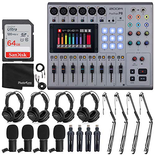 Zoom PodTrak P8 Multitrack Podcast Recorder + 4X Zoom ZDM-1 Podcast Mic + 4X Headphones + 4X Windscreens + 4X Tabletop Stands + 64GB Memory Card + 4X Boom Arms + Cables – Ultimate Podcasting Bundle
