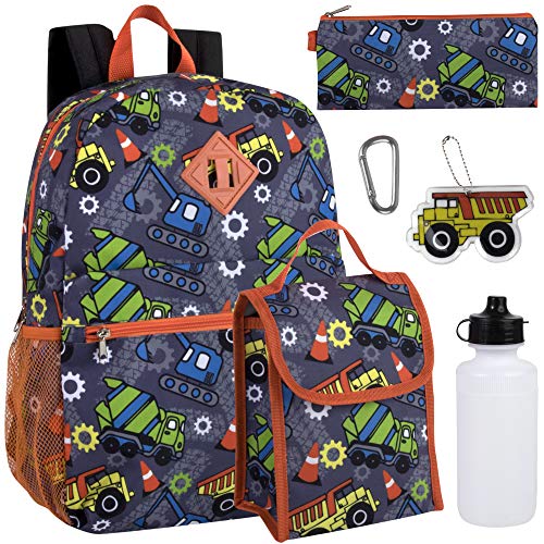 Boy’s 6 in 1 Backpack With Lunch Bag, Pencil Case, and Accessories (Tough Trucks)