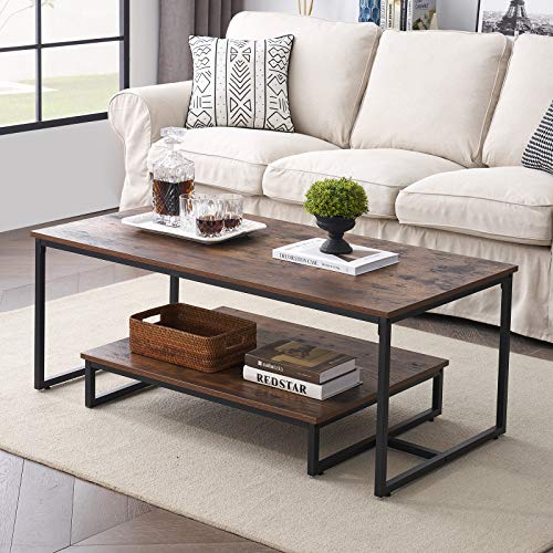 MHAOSEHU Industrial Coffee Table for Living Room, Rustic Cocktail Table with Storage Shelf, Wood Look Furniture with Metal Frame, 47 inch Rustic Brown