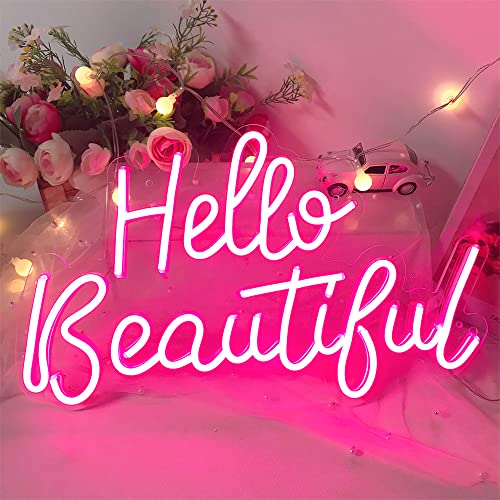 Hello Beautiful Neon Signs for Valentines Day Bedroom Home Shops Decor Holiday Party Weeding, Pink Neon Sign for Women, Friends, Size 16.6×9.8 inches by DIVATLA