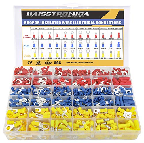 haisstronica 880PCS Electrical Wire Connectors Kit, Easy Wire Insertion Insulated Wire Crimp Terminals of Tinned Red Copper,Ring Fork Spade Butt Bullet Quick Disconnect Assortment Kit(3Colors/12Size)