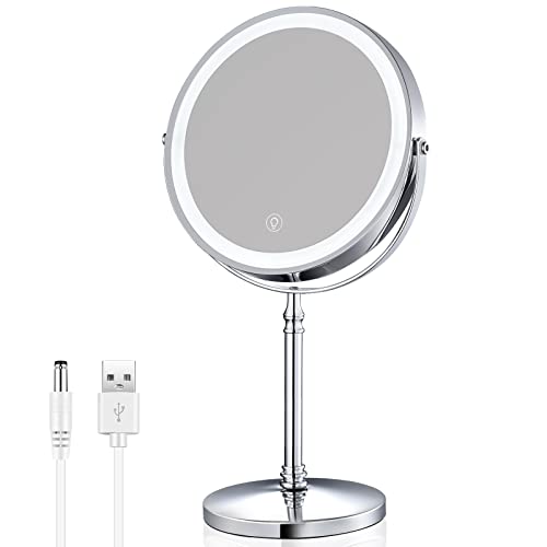 AMZNEVO Rechargeable 8” Lighted Makeup Mirror, 10X Magnifying Vanity Mirror with 3 Color LED Lights, Double-Sided Cosmetic Mirror Battery Powered, Touch Button Adjust Brightness