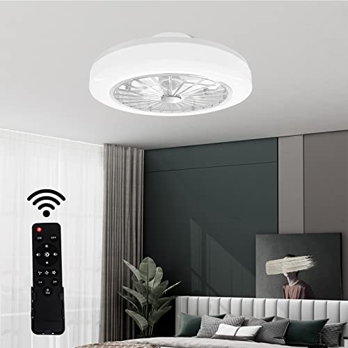 TFCFL 18 Inch Flush Enclosed Fan with Light and Remote,White Flush Ceiling Fan Modern Bladeless Ceiling Fan with Led Lighting 3-Speed Quite Kids Ceiling Fan with Lights