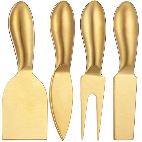 Patelai 4 Pieces Stainless Steel Cheese Knives Set, Cheese Tools with Cheese Slicer and Cheese Cutters for Kitchen (Gold)