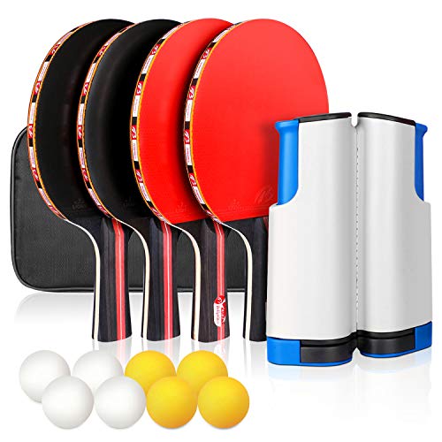 XDDIAS Ping Pong Paddle Set, Portable Table Tennis Racket Sets Includes 4 Ping Pong Rackets, 8 Game Balls, 1 Retractable Net, Storage Case for All Ages Indoor Outdoor
