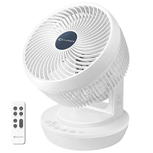 MYCARBON Quiet Air Circulator Fan DC Motor Desk Fan Auto Oscillating Fan With Remote 8 Speeds, 3 Modes, 8H Timer Cooling Table Fan for Bedroom, Offices, Whole Room