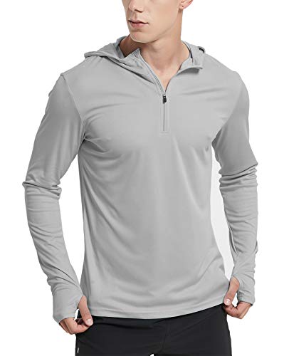MIER Men’s UPF 50+ Sun Protection Hoodie 1/4 Zip Long Sleeve Athletic Shirts with Hood,Lightweight Quick Dry Running Workout,Light Grey,XL