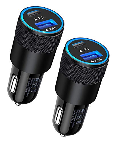 30W USB C Car Charger, [2Pack] PD 3.0 Fast Charge Dual Port USB Type C and 2.4a USB A Cargador Carro Lighter Adapter Base for iPhone, iPad, Samsung Galaxy, LG, Google Pixel GPS, Z Play Droid, Motorola